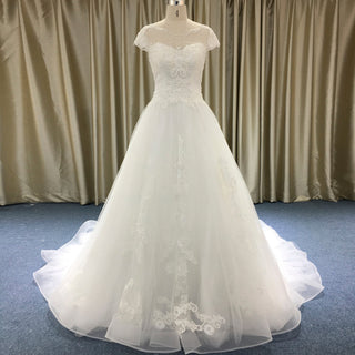 Classic A-line Tulle Lace Appliqued Wedding Dress with Capped Sleeve - Rosymae