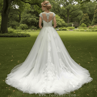 Classic A-line Tulle Lace Appliqued Wedding Dress with Capped Sleeve - Rosymae