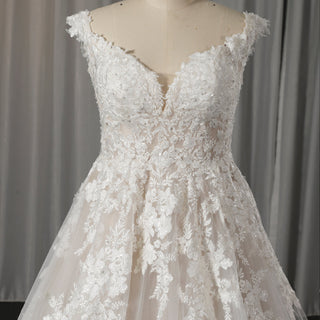 Classic A-Line Wedding Dress with Plunging Sweetheart Neckline & Cap Sleeves - Rosymae
