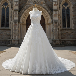 Classic Scoop Neckline A-line Wedding Dress with Tulle Appliqued Lace