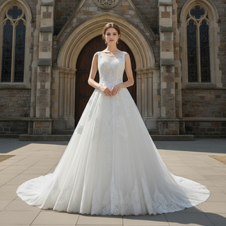 Classic Scoop Neckline A-line Wedding Dress with Tulle Appliqued Lace