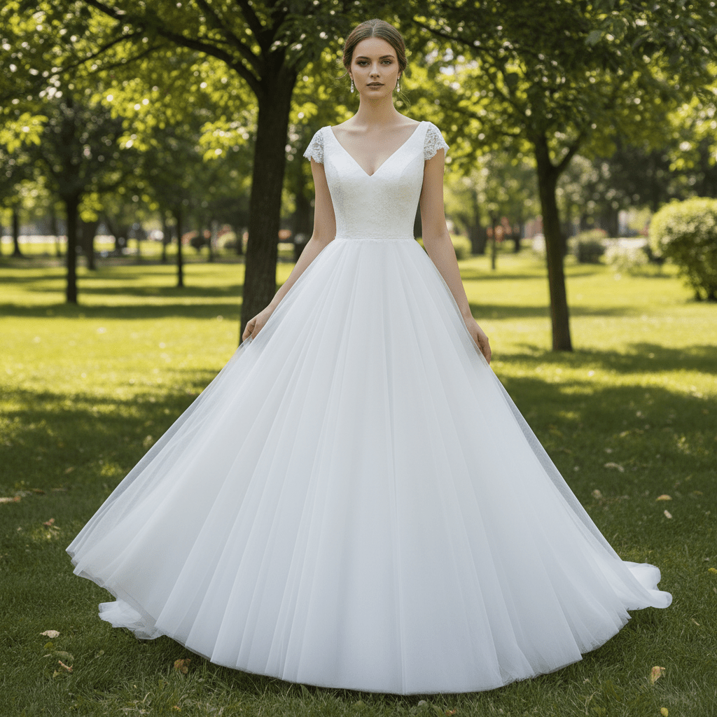 Classic A-Line Wedding Dress with V-Neckline Delicate Cap Sleeves & Layered Tulle Skirt - Rosymae