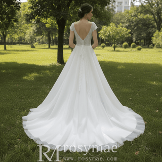 Classic A-Line Wedding Dress with V-Neckline Delicate Cap Sleeves & Layered Tulle Skirt - Rosymae