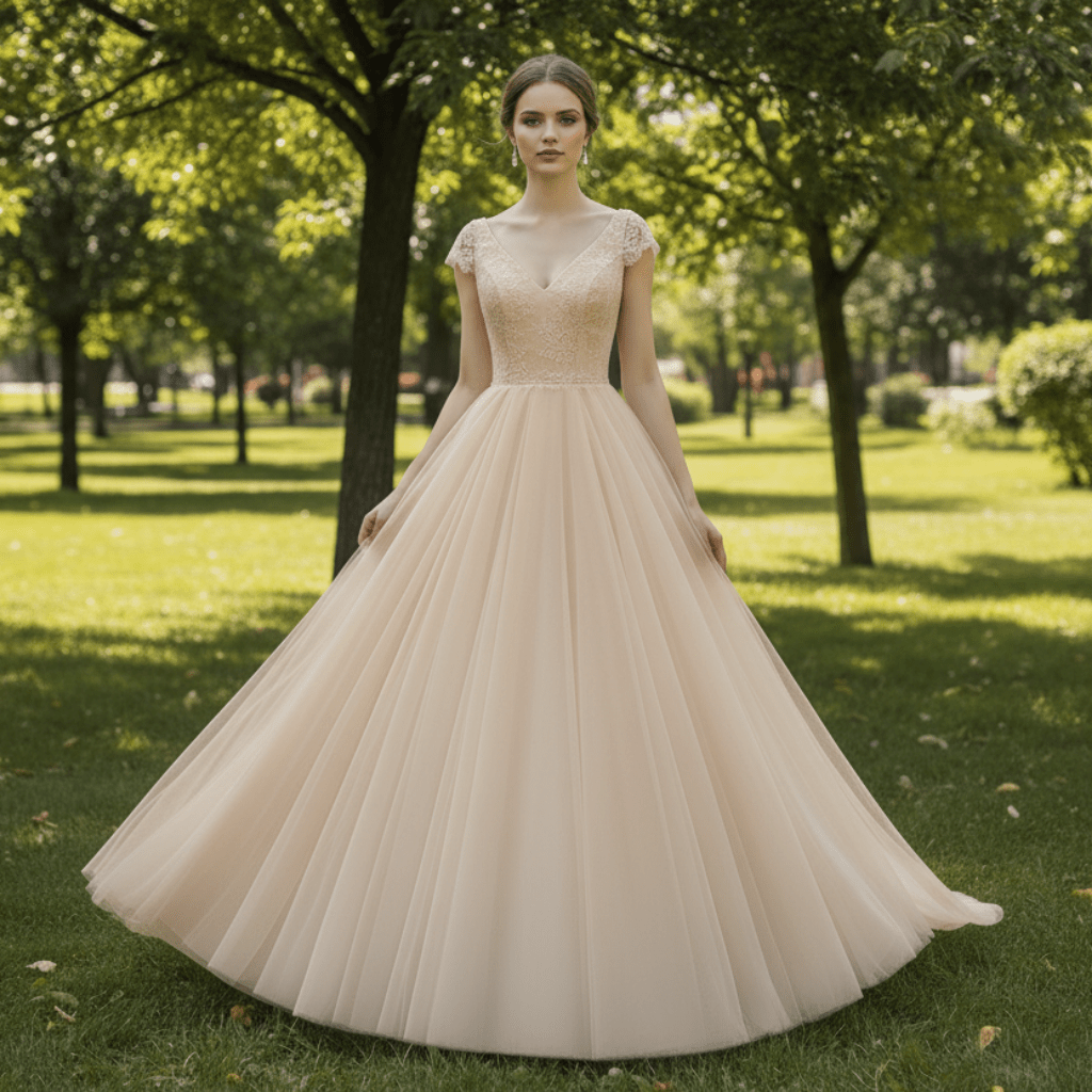 Classic A-Line Wedding Dress with V-Neckline Delicate Cap Sleeves & Layered Tulle Skirt - Rosymae