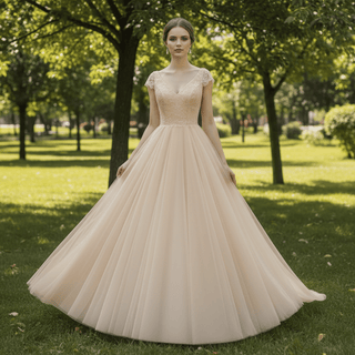 Classic A-Line Wedding Dress with V-Neckline Delicate Cap Sleeves & Layered Tulle Skirt - Rosymae