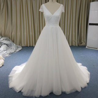 Classic A-Line Wedding Dress with V-Neckline Delicate Cap Sleeves & Layered Tulle Skirt - Rosymae