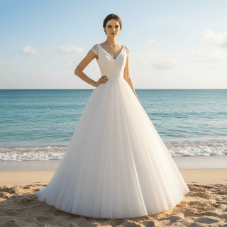 Classic A-Line Wedding Dress with V-Neckline Delicate Cap Sleeves & Layered Tulle Skirt - Rosymae