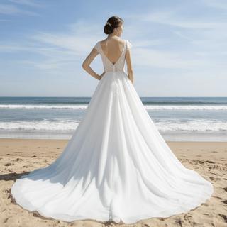 Classic A-Line Wedding Dress with V-Neckline Delicate Cap Sleeves & Layered Tulle Skirt - Rosymae