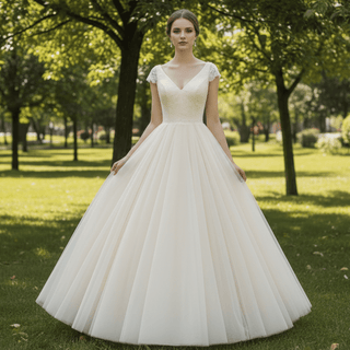 Classic A-Line Wedding Dress with V-Neckline Delicate Cap Sleeves & Layered Tulle Skirt - Rosymae