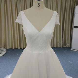 Classic A-Line Wedding Dress with V-Neckline Delicate Cap Sleeves & Layered Tulle Skirt - Rosymae