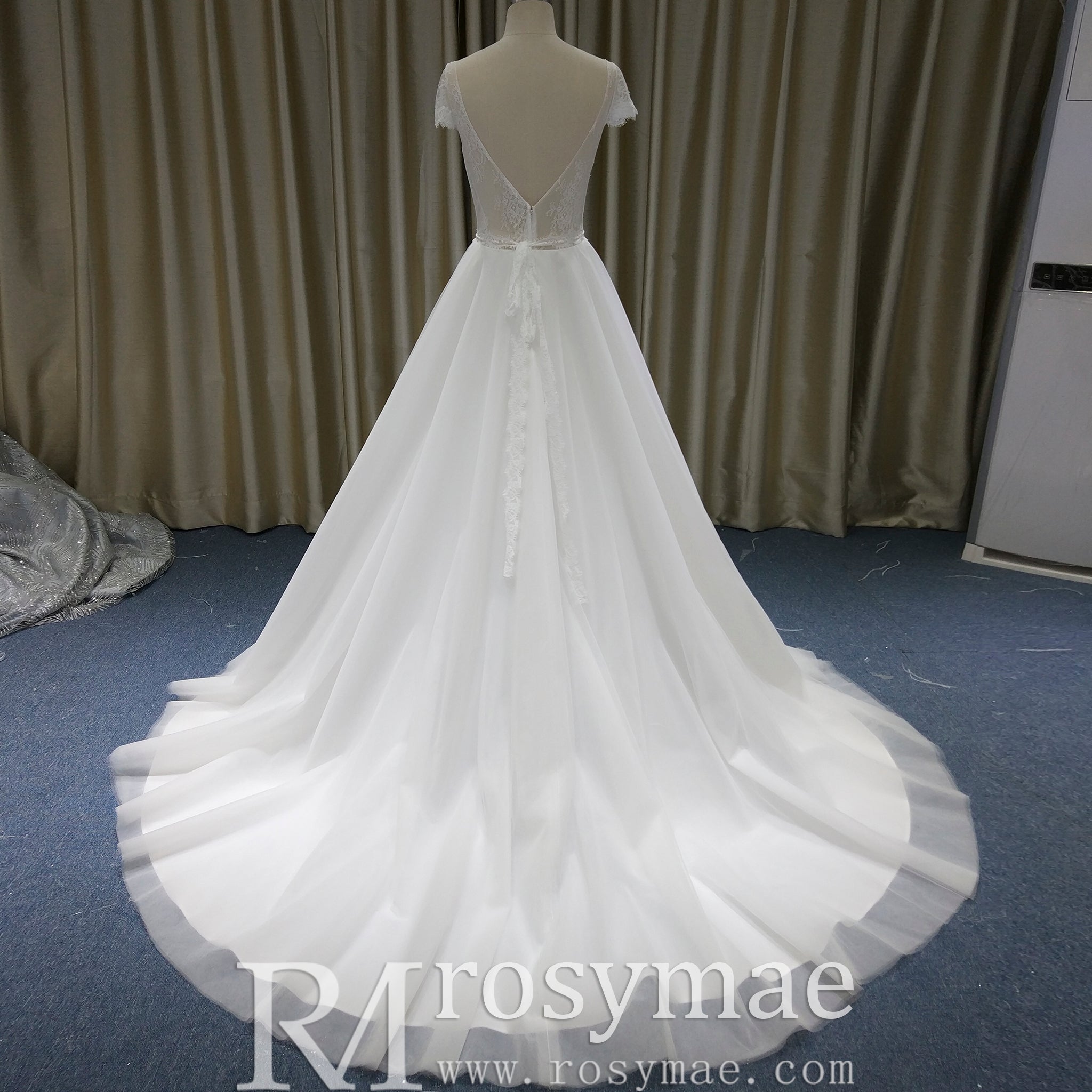 Classic A-Line Wedding Dress with V-Neckline Delicate Cap Sleeves & Layered Tulle Skirt - Rosymae