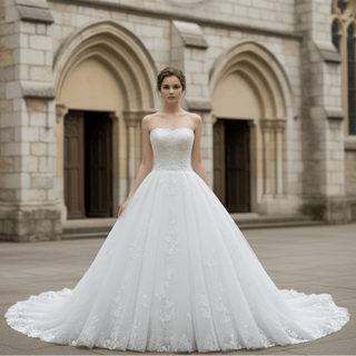 Classic Ball Gown Floral Lace Wedding Dress with Boat Neckline - Rosymae
