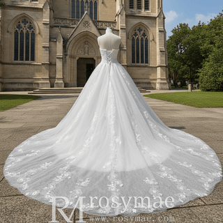 Classic Ball Gown Floral Lace Wedding Dress with Boat Neckline - Rosymae