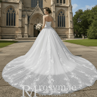 Classic Ball Gown Floral Lace Wedding Dress with Boat Neckline - Rosymae