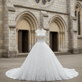Classic Ball Gown Floral Lace Wedding Dress with Boat Neckline - Rosymae