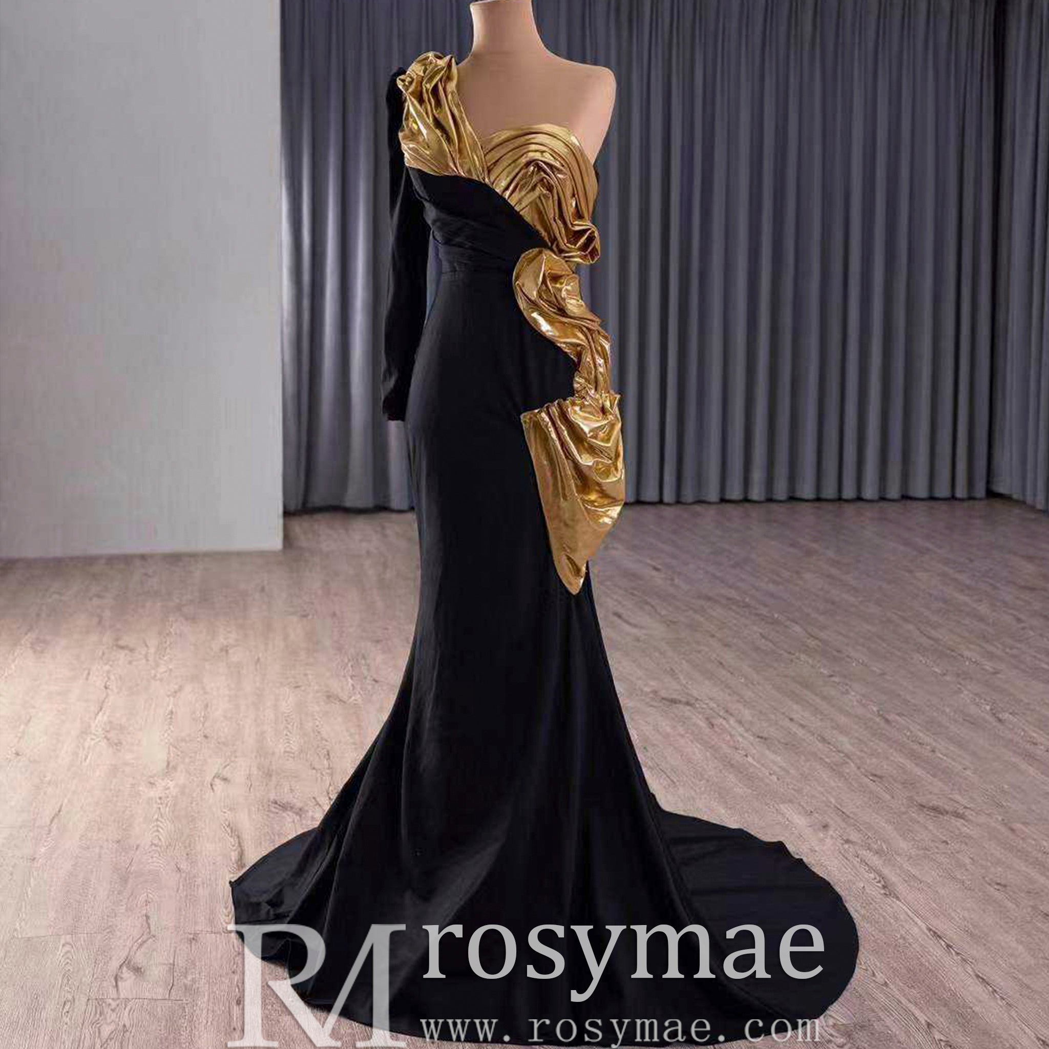Classic Black and Gold Mermaid Wedding Dresses with One Long Sleeve - Rosymae