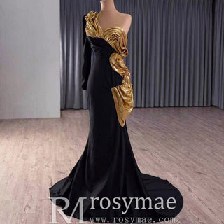 Classic Black and Gold Mermaid Wedding Dresses with One Long Sleeve - Rosymae