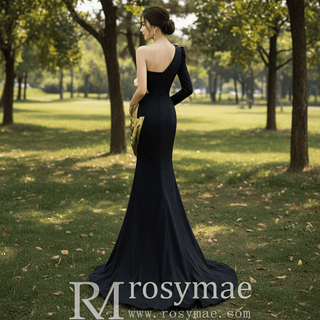 Classic Black and Gold Mermaid Wedding Dresses with One Long Sleeve - Rosymae