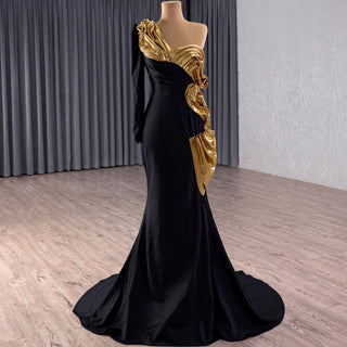Classic Black and Gold Mermaid Wedding Dresses with One Long Sleeve - Rosymae