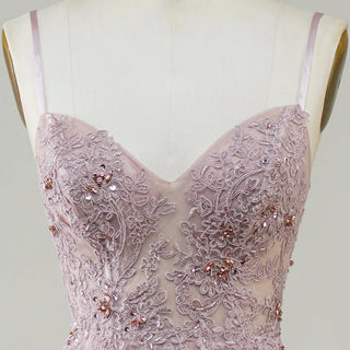 Classic Blush Sheer Bodice A-line Tulle Prom Dress with Spaghetti Straps - Rosymae