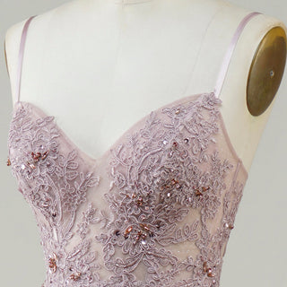 Classic Blush Sheer Bodice A-line Tulle Prom Dress with Spaghetti Straps - Rosymae