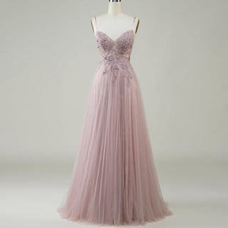 Classic Blush Sheer Bodice A-line Tulle Prom Dress with Spaghetti Straps - Rosymae