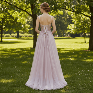 Classic Blush Sheer Bodice A-line Tulle Prom Dress with Spaghetti Straps - Rosymae