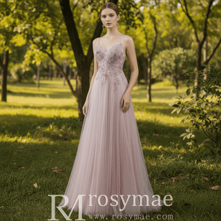 Classic Blush Sheer Bodice A-line Tulle Prom Dress with Spaghetti Straps - Rosymae