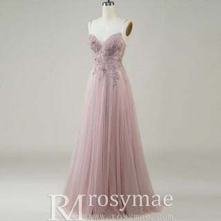 Classic Blush Sheer Bodice A-line Tulle Prom Dress with Spaghetti Straps - Rosymae