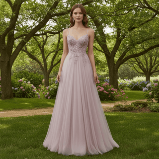 Classic Blush Sheer Bodice A-line Tulle Prom Dress with Spaghetti Straps - Rosymae