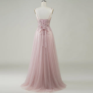 Classic Blush Sheer Bodice A-line Tulle Prom Dress with Spaghetti Straps - Rosymae