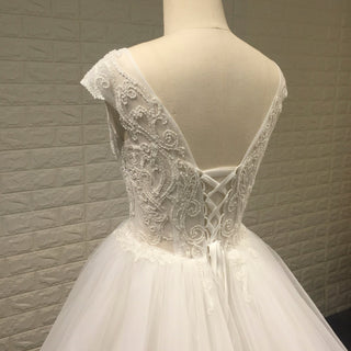 Classic & Elegant A-line Sheer Neck Beach Wedding Dress with Cap Sleeve - Rosymae