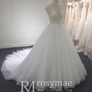 Classic & Elegant A-line Sheer Neck Beach Wedding Dress with Cap Sleeve - Rosymae