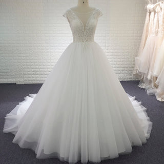 Classic & Elegant A-line Sheer Neck Beach Wedding Dress with Cap Sleeve - Rosymae