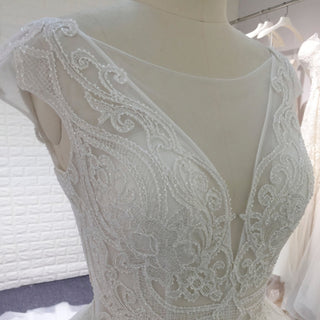 Classic & Elegant A-line Sheer Neck Beach Wedding Dress with Cap Sleeve - Rosymae