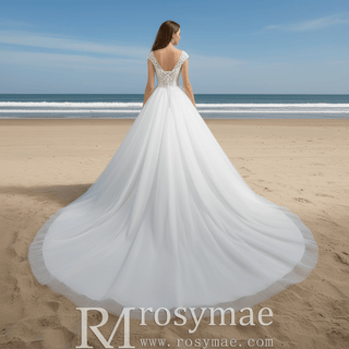 Classic & Elegant A-line Sheer Neck Beach Wedding Dress with Cap Sleeve - Rosymae
