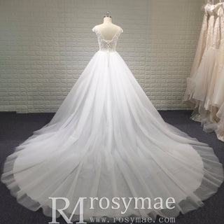 Classic & Elegant A-line Sheer Neck Beach Wedding Dress with Cap Sleeve - Rosymae