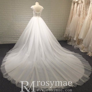 Classic & Elegant A-line Sheer Neck Beach Wedding Dress with Cap Sleeve - Rosymae