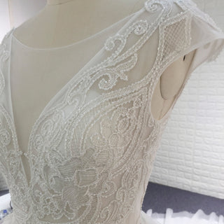 Classic & Elegant A-line Sheer Neck Beach Wedding Dress with Cap Sleeve - Rosymae