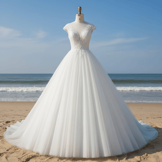 Classic & Elegant A-line Sheer Neck Beach Wedding Dress with Cap Sleeve - Rosymae