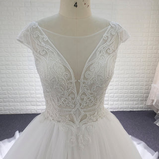 Classic & Elegant A-line Sheer Neck Beach Wedding Dress with Cap Sleeve - Rosymae