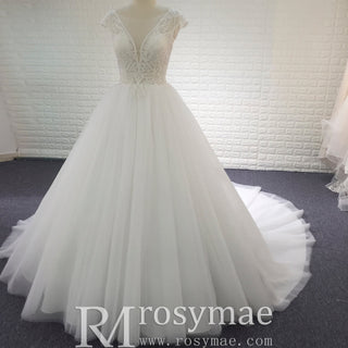 Classic & Elegant A-line Sheer Neck Beach Wedding Dress with Cap Sleeve - Rosymae