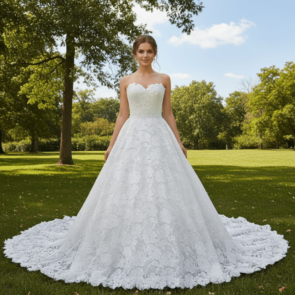 Vestido de novia de encaje floral blanco clásico y elegante sin tirantes