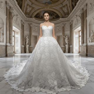 Classic & Elegant White Floral Lace Bride Dress Strapless Wedding Dresses - Rosymae
