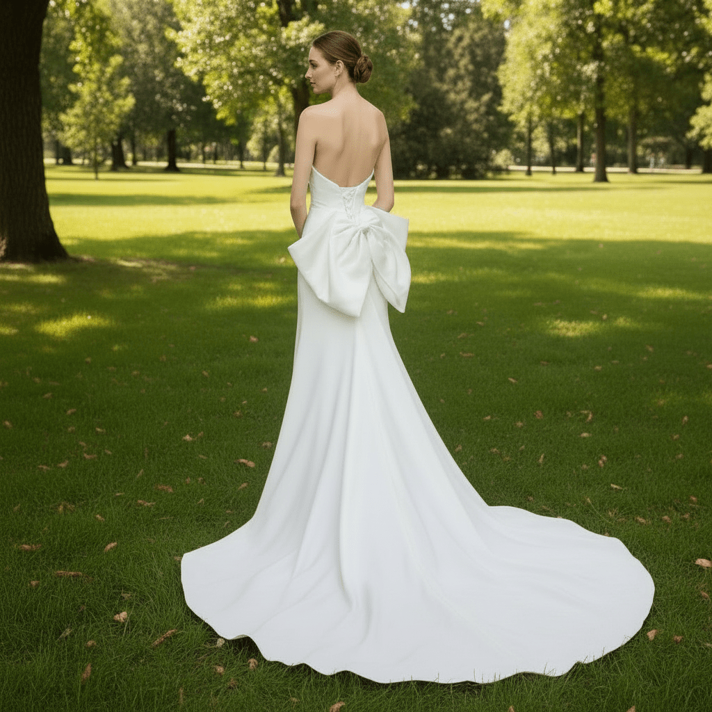 Classic Fit Flare Satin Bridal Gown Wedding Dress with Bowknot - Rosymae