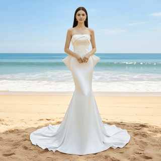 Classic Fit Flare Satin Bridal Gown Wedding Dress with Bowknot - Rosymae