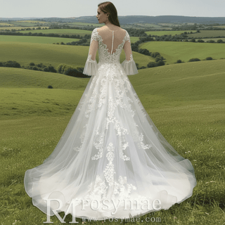 Classic Flutter Long Sleeve A-line Lace Appliqued Wedding Dress - Rosymae