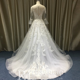 Classic Flutter Long Sleeve A-line Lace Appliqued Wedding Dress - Rosymae