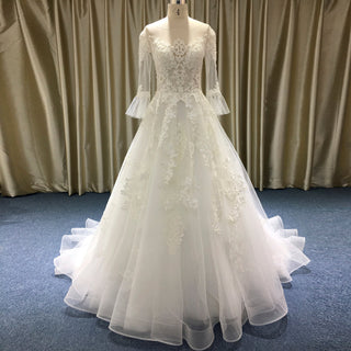 Classic Flutter Long Sleeve A-line Lace Appliqued Wedding Dress - Rosymae