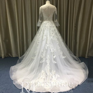 Classic Flutter Long Sleeve A-line Lace Appliqued Wedding Dress - Rosymae